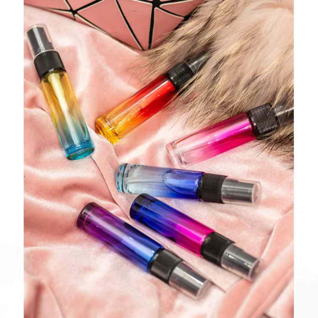 cosmetic packaging refillable perfume frosted coloured 10ml fine glass mini mist spray bottle with black cover