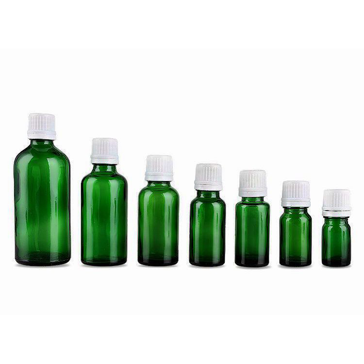 cosmetic packaging tamper evident pilfer proof plastic screw cap for 5 10 15 20 30 50 100 ml green glass essential oil bottle