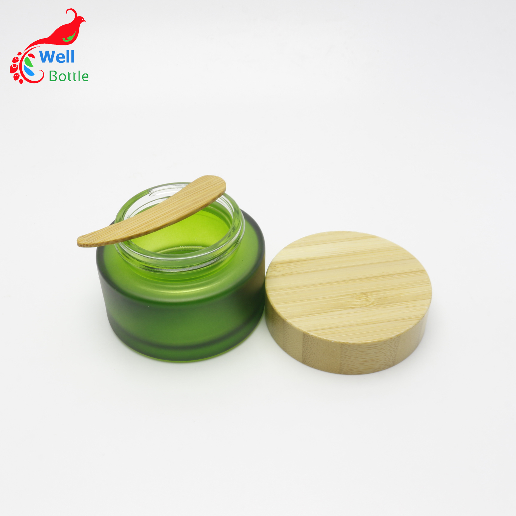 cosmetics container packaging body cream 30g frosted green glass jar with bamboo wood lid J110E