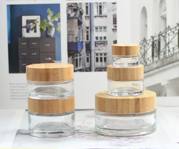 cosmetics-packaging 15g 30g 50g 100g clear frosted bamboo glass cream cosmetic jar with bamboo lid