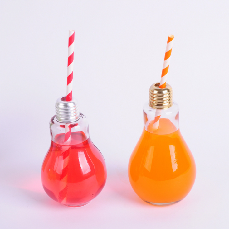 creative glass drinking bottle light bulb bottle glass beverage with screw top bottle cap