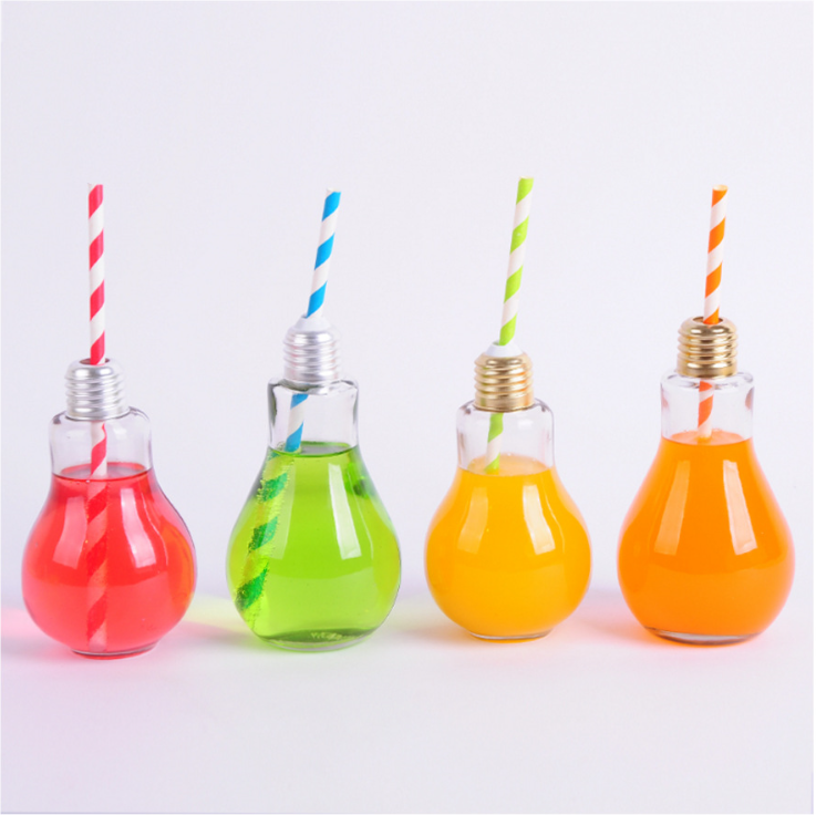 creative glass drinking bottle light bulb bottle glass beverage with screw top bottle cap