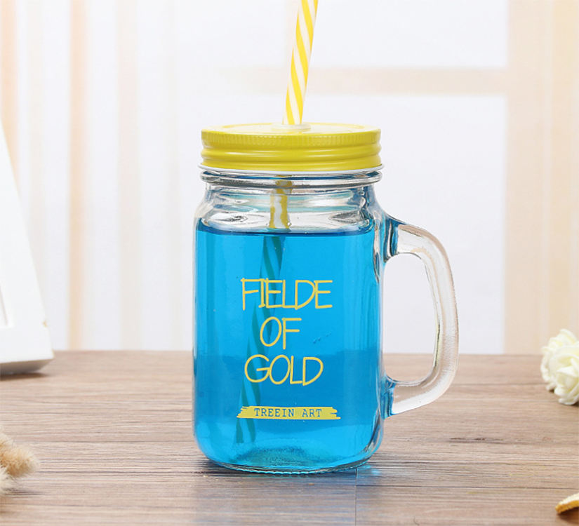 creative glass mason jar 16oz 500ml for drink with handle and straw