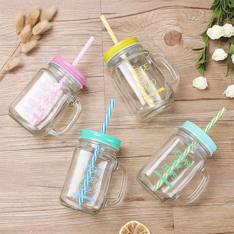 creative glass mason jar 16oz 500ml for drink with handle and straw