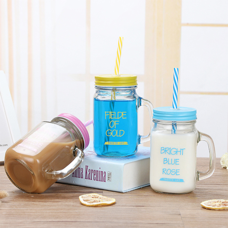creative glass mason jar 16oz 500ml for drink with handle and straw