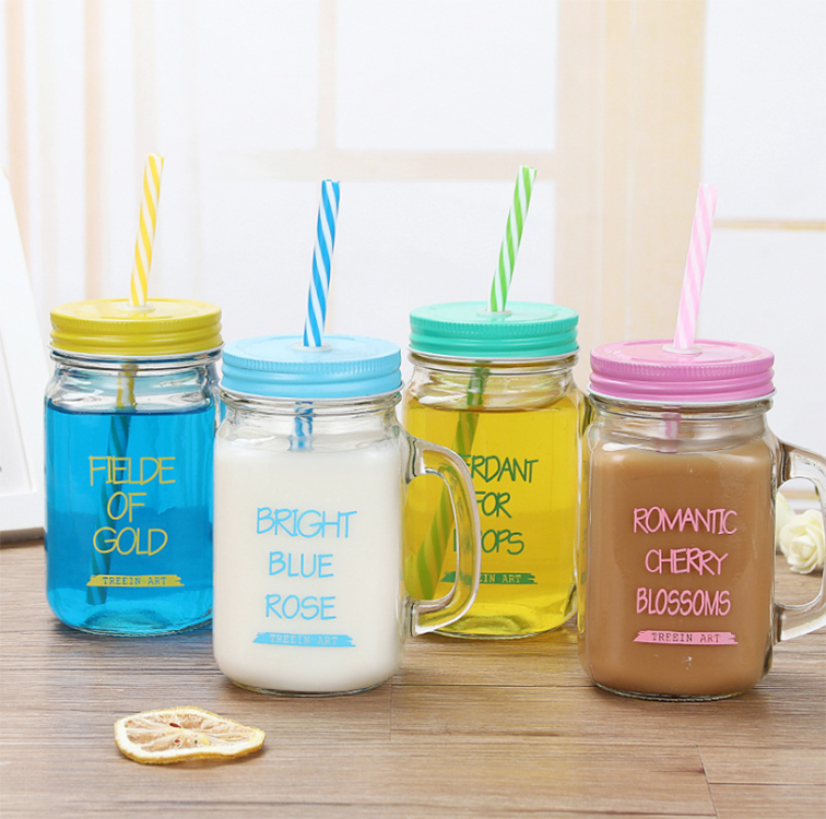 creative glass mason jar 16oz 500ml for drink with handle and straw