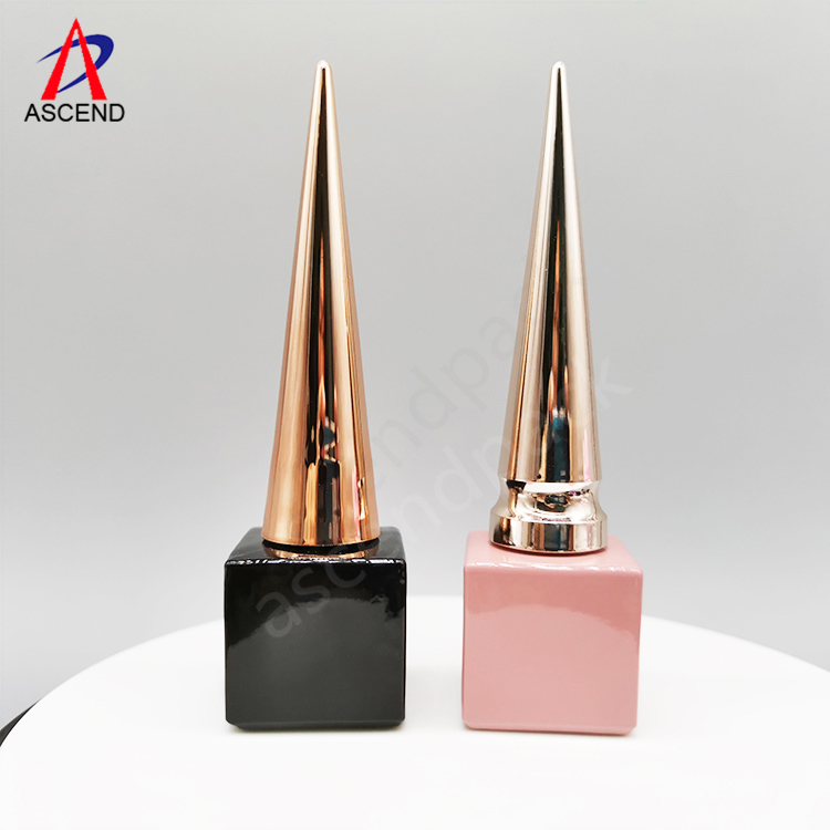 cube shaped 8ml glass empty small uv gel nail polish bottle with black gel brush and long golden cone cap