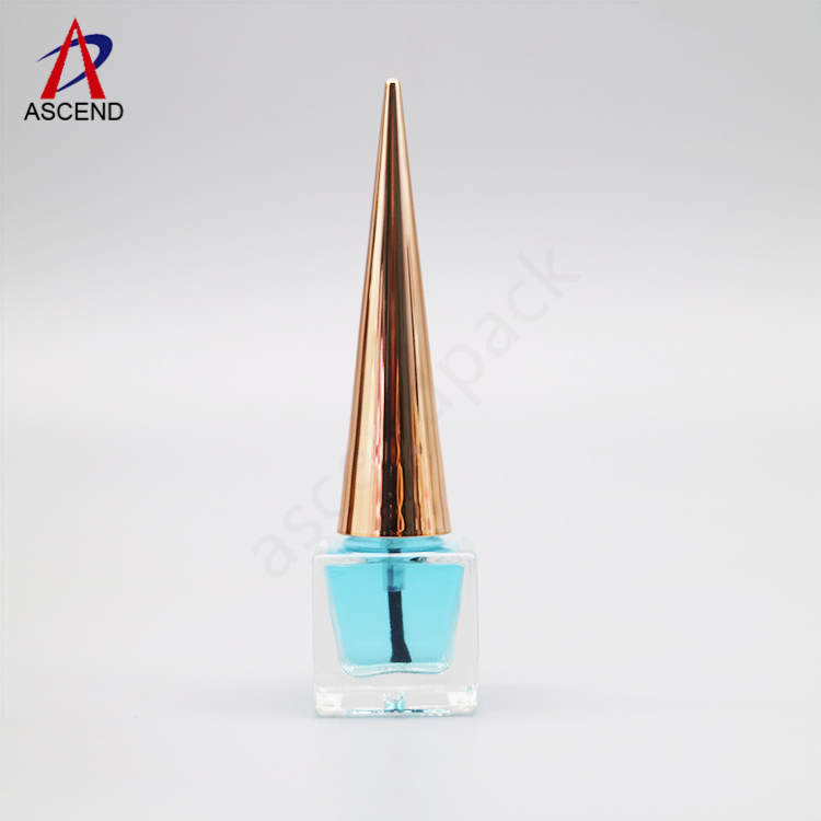 cube shaped 8ml glass empty small uv gel nail polish bottle with black gel brush and long golden cone cap