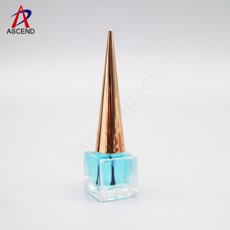 cube shaped 8ml glass empty small uv gel nail polish bottle with black gel brush and long golden cone cap