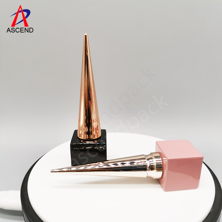 cube shaped 8ml glass empty small uv gel nail polish bottle with black gel brush and long golden cone cap