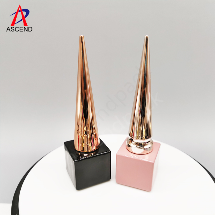 cube shaped 8ml glass empty small uv gel nail polish bottle with black gel brush and long golden cone cap