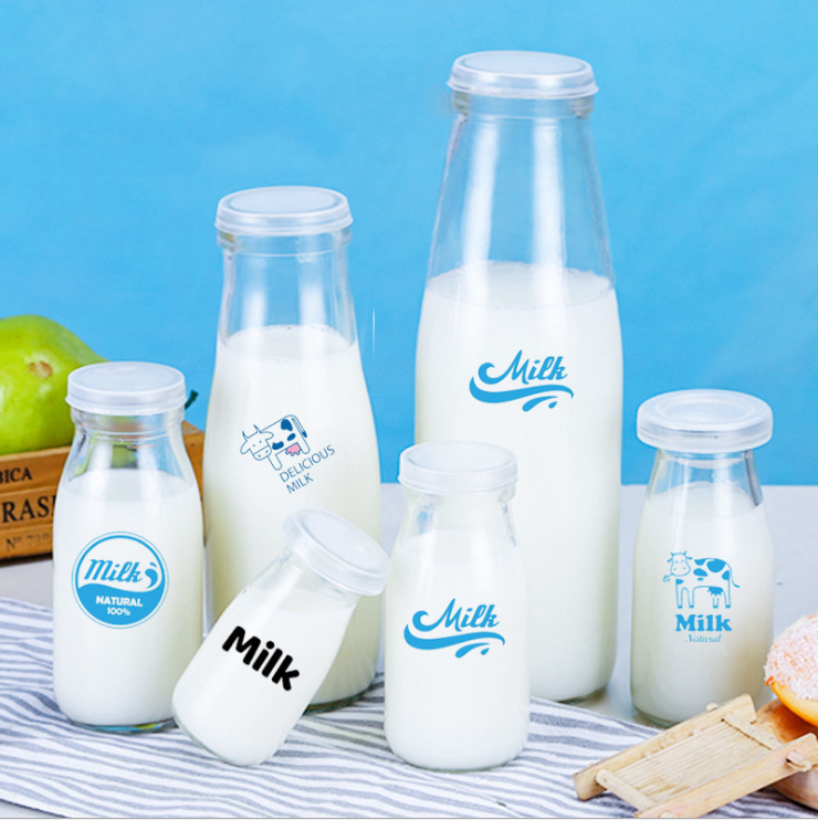 custom 300ml 500ml 750ml 1000ml baby feeding fresh milk shake juice tea glass bottle clear storage milk bottle with lid
