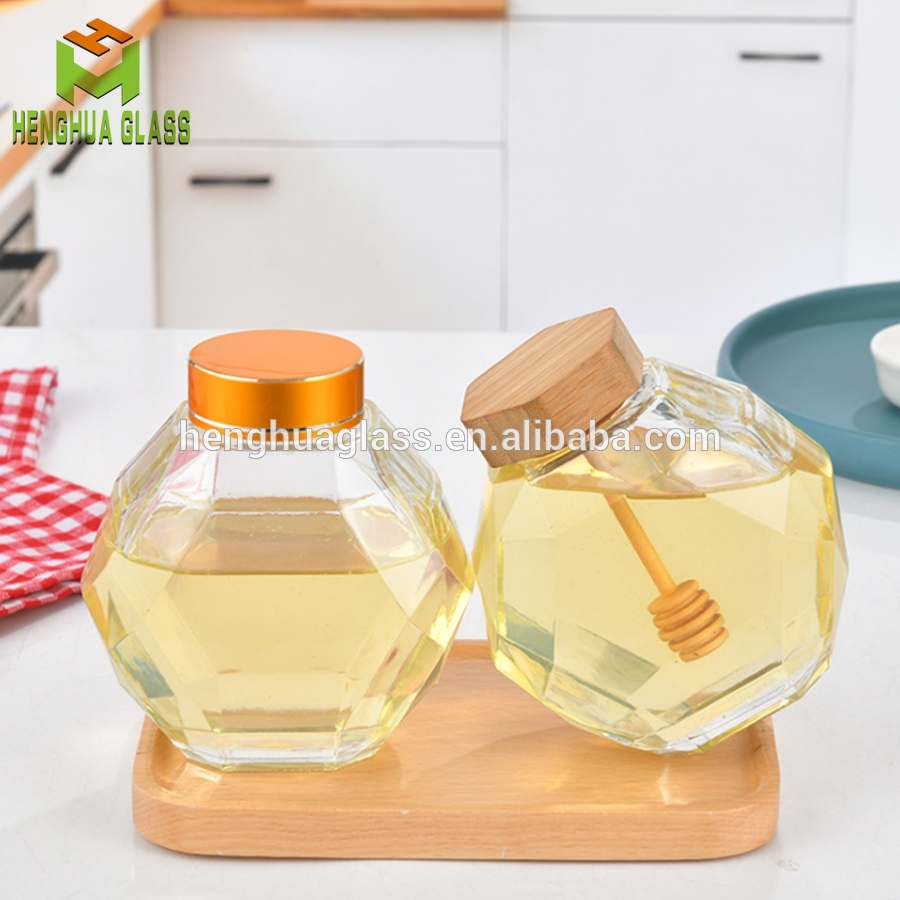 custom Diamonds shape glass honey jar 380ml 500g honey glass bottle with Stirring rod