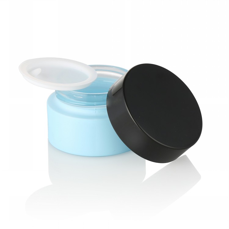 custom color 30g 50g baby blue glass cream jar container with black lid