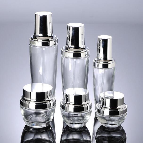 custom cosmetic bottle with silver /gold spray /lotion pump cap