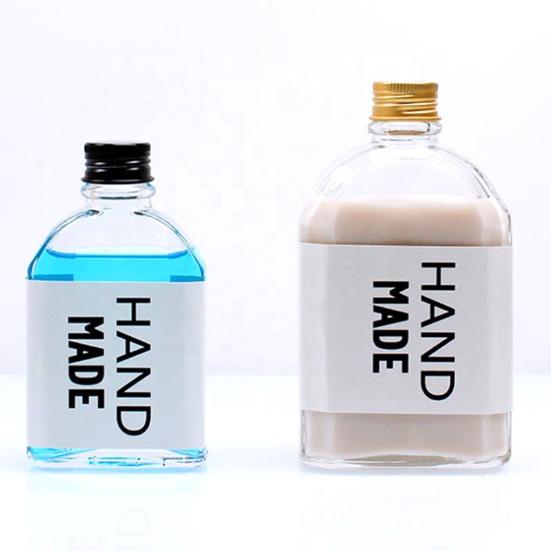 custom design 100ml 200ml 250ml 350ml 500ml square empty glass drinks bottle with aluminum cap for juice milk tea iced coffee