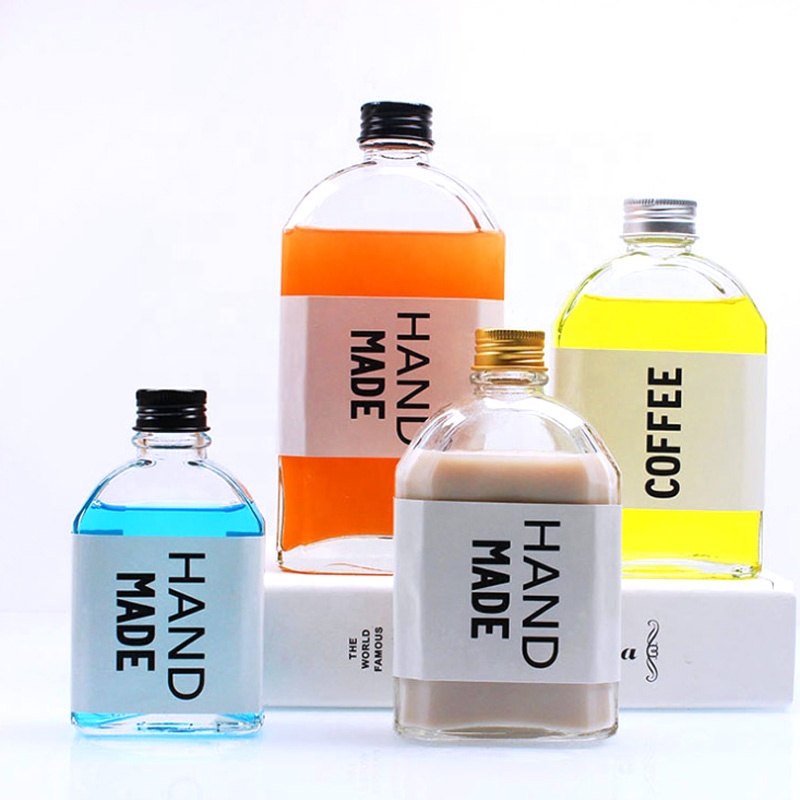 custom design 100ml 200ml 250ml 350ml 500ml square empty glass drinks bottle with aluminum cap for juice milk tea iced coffee