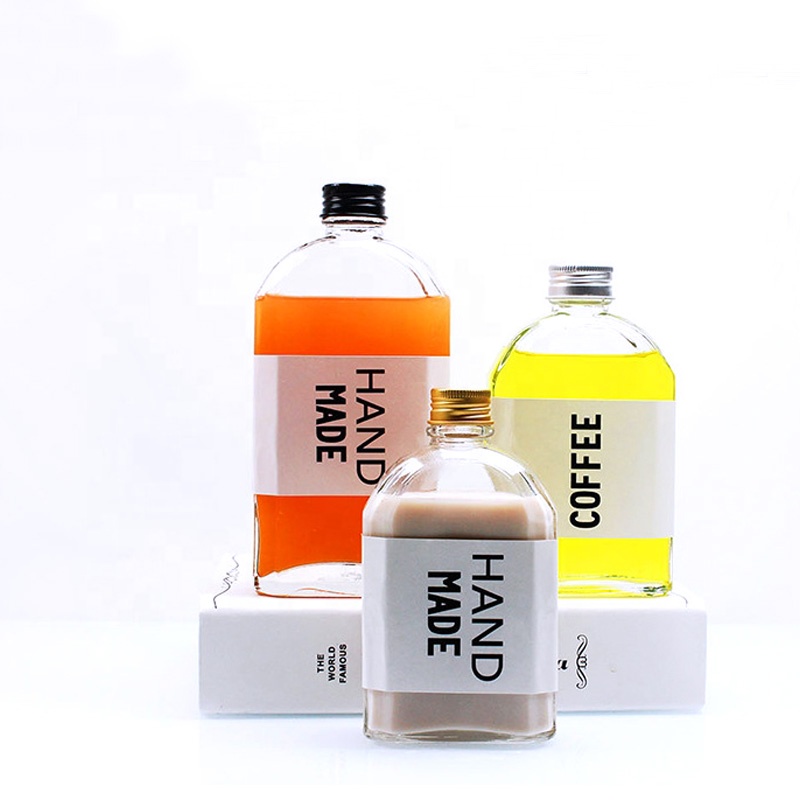 custom design 100ml 200ml 250ml 350ml 500ml square empty glass drinks bottle with aluminum cap for juice milk tea iced coffee