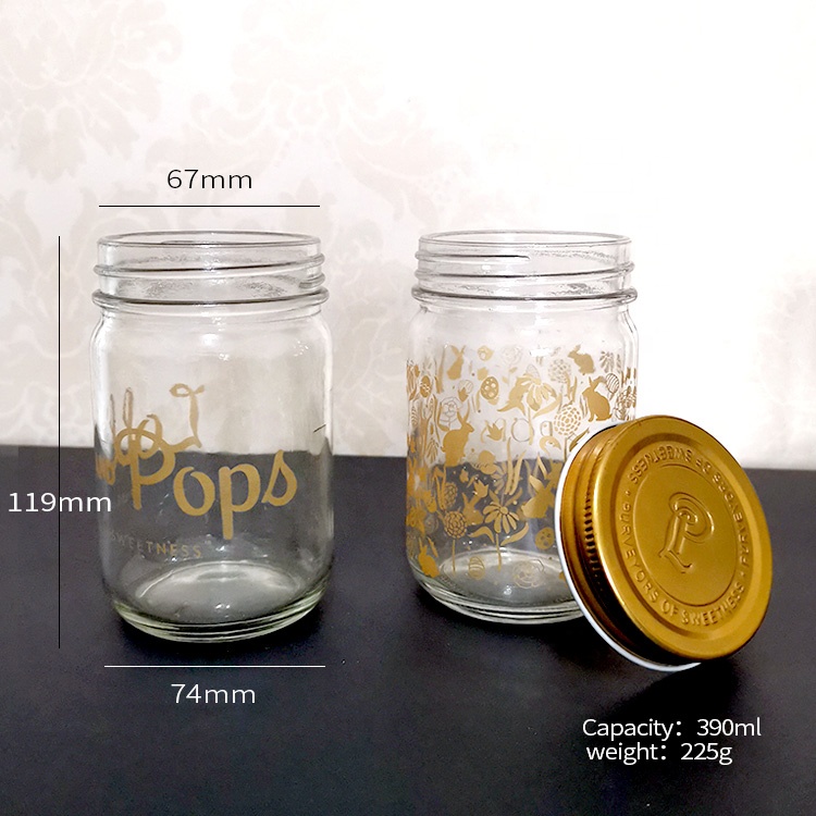 custom design 390ml wide mouth round food grade sealable glass mason jar for candy honey jam cookie