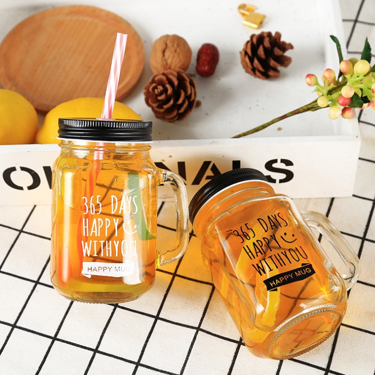 custom design 450ml iced juice mason mug 16oz glass drinking jar with handle and blue straws for tea water cocktail coffee party