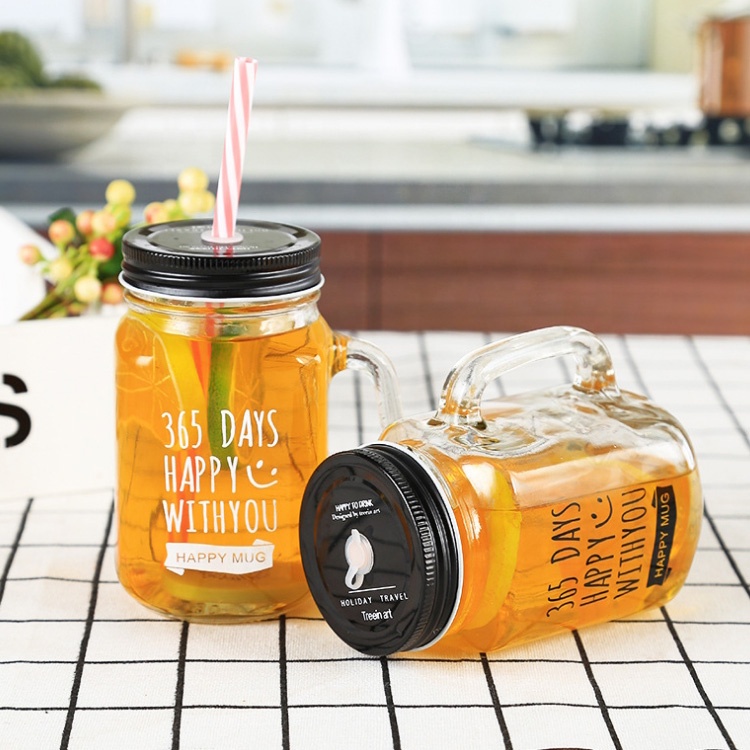 custom design 450ml iced juice mason mug 16oz glass drinking jar with handle and blue straws for tea water cocktail coffee party