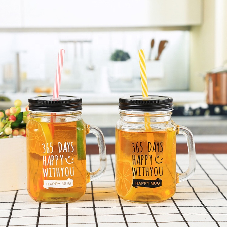 custom design 450ml iced juice mason mug 16oz glass drinking jar with handle and blue straws for tea water cocktail coffee party