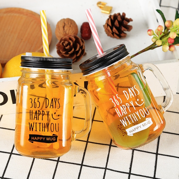 custom design 450ml iced juice mason mug 16oz glass drinking jar with handle and blue straws for tea water cocktail coffee party