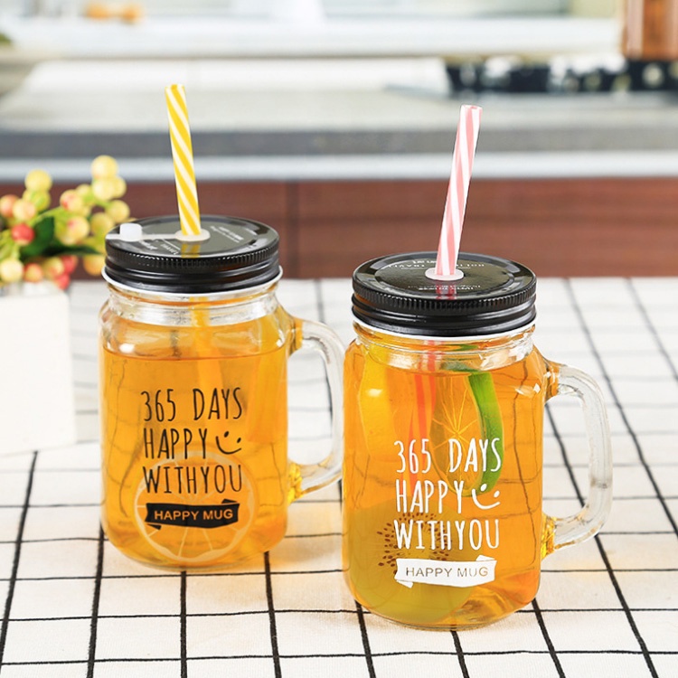 custom design 450ml iced juice mason mug 16oz glass drinking jar with handle and blue straws for tea water cocktail coffee party