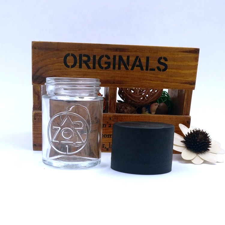 custom design 53D 74H clear weeds packaging embossed bottle 95ml 3oz engraved empty child proof glass jar for CBD flower