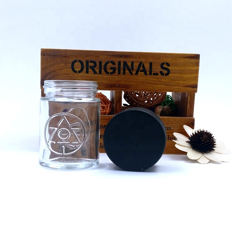 custom design 53D 74H clear weeds packaging embossed bottle 95ml 3oz engraved empty child proof glass jar for CBD flower