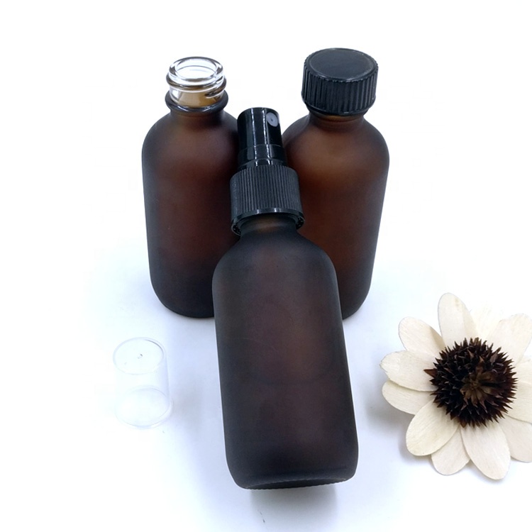 custom design 60ml empty matte amber boston round packaging 2oz frosted brown glass spray bottle with pump sprayer