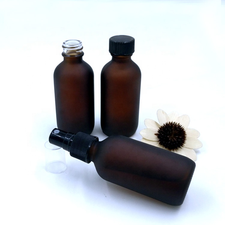 custom design 60ml empty matte amber boston round packaging 2oz frosted brown glass spray bottle with pump sprayer