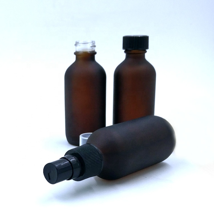 custom design 60ml empty matte amber boston round packaging 2oz frosted brown glass spray bottle with pump sprayer
