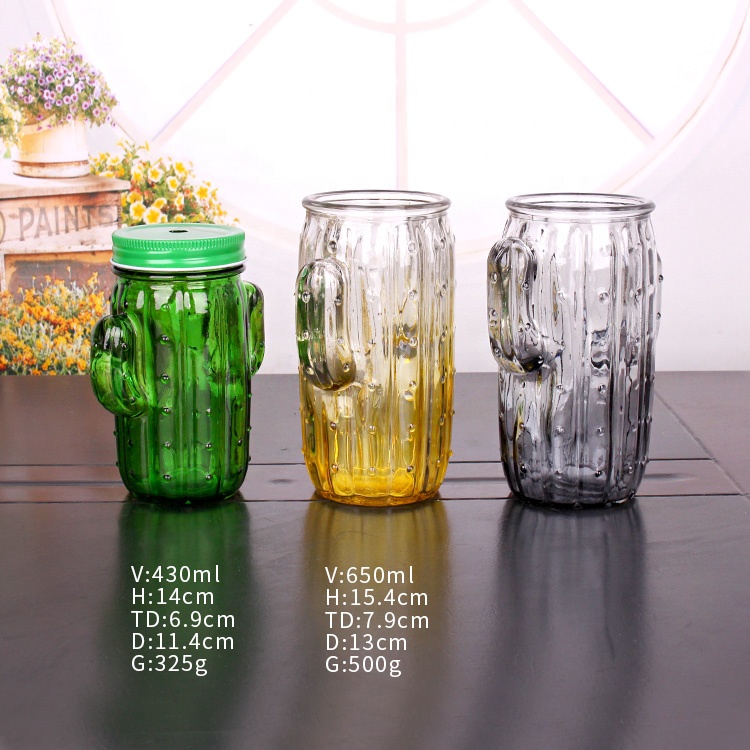 custom design mason jar cactus shaped 650ml juice glass jars with cap