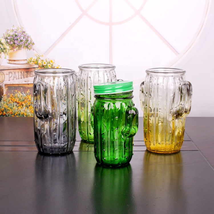 custom design mason jar cactus shaped 650ml juice glass jars with cap
