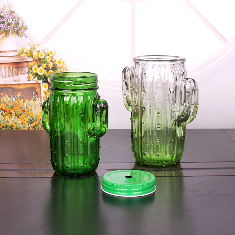custom design mason jar cactus shaped 650ml juice glass jars with cap