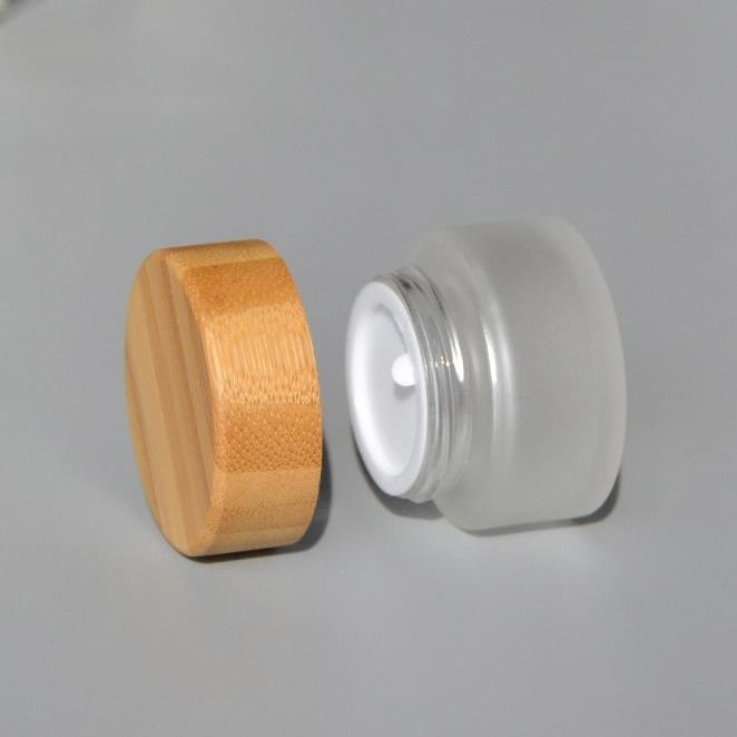 custom engraved logo 5ml 15ml 30ml 50ml 100g clear frosted glass jar with bamboo lid wood cap Cosmetic scrub jars body cream