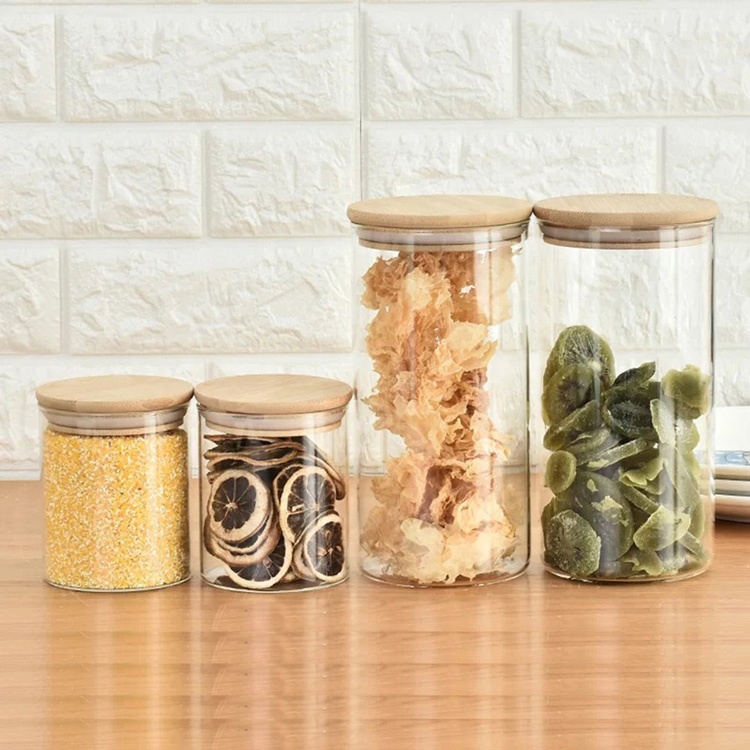 custom food grade hermetic storage glass jar with bamboo lid for kitchen spice dry herb saffron