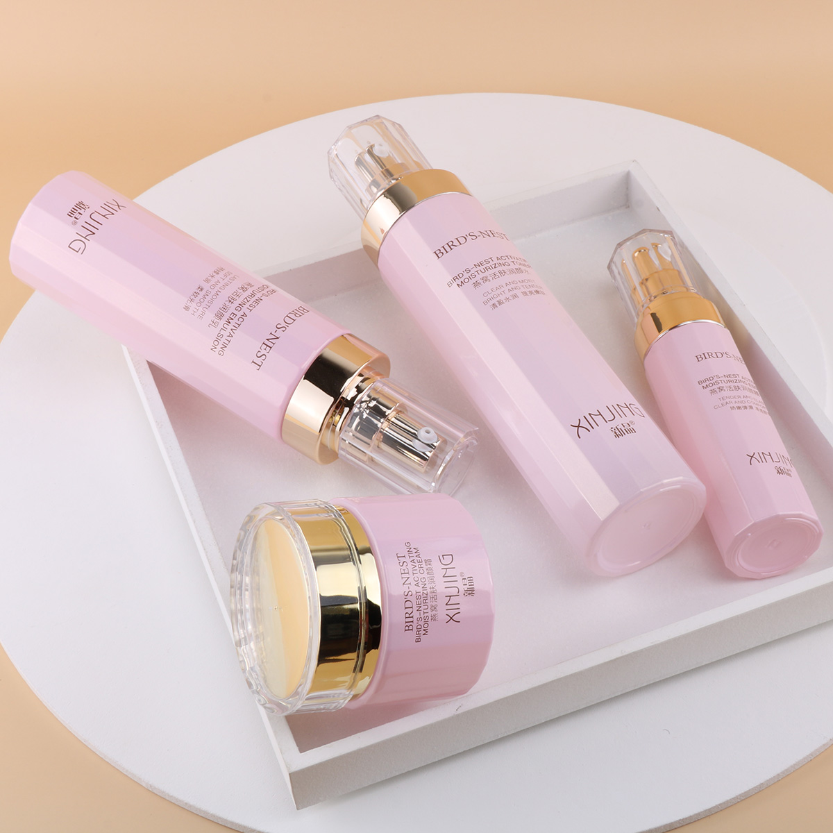 custom logo 30ml 100ml serum glass bottle face cream jar skincare luxury cosmetic packaging pink set ribbed glass bottle