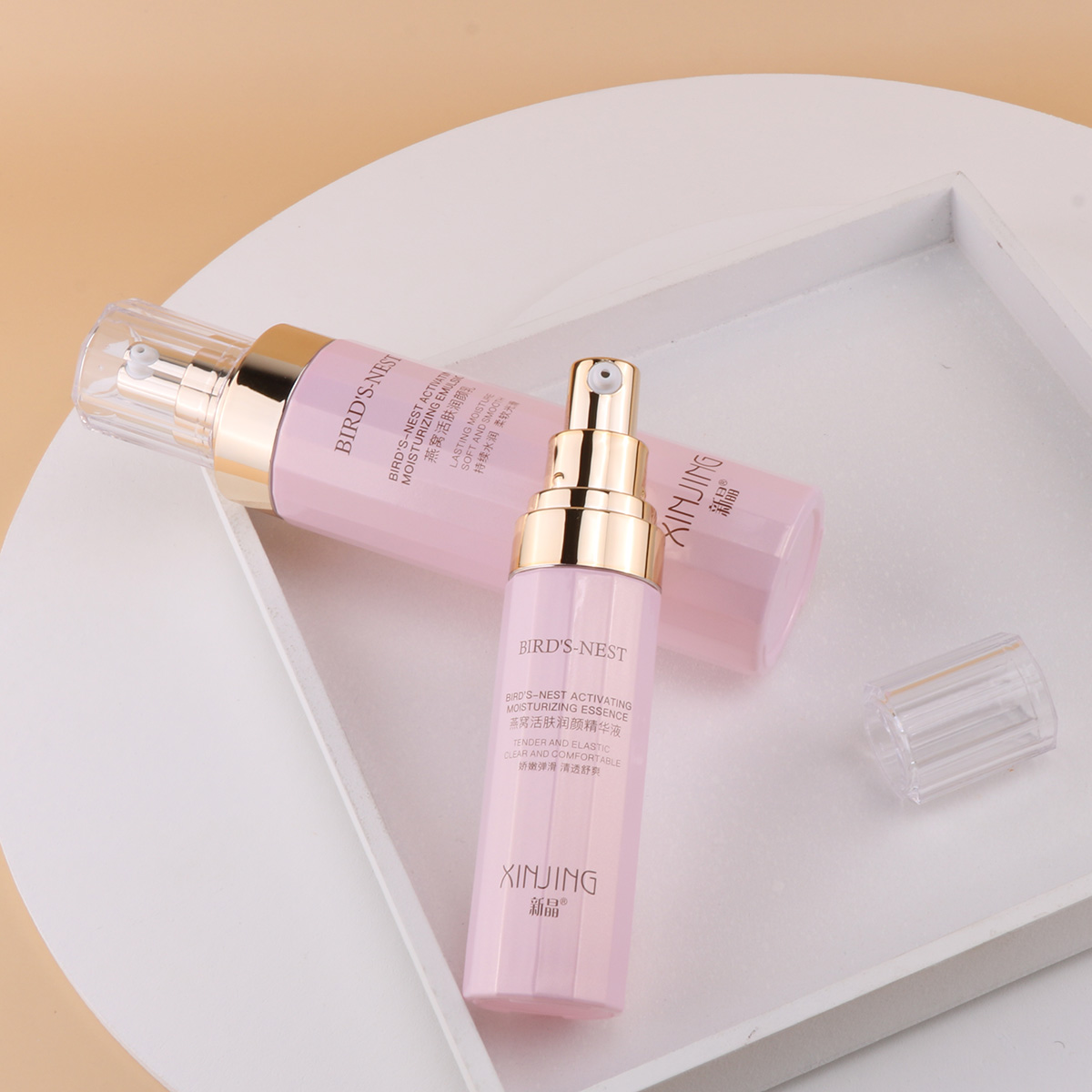 custom logo 30ml 100ml serum glass bottle face cream jar skincare luxury cosmetic packaging pink set ribbed glass bottle
