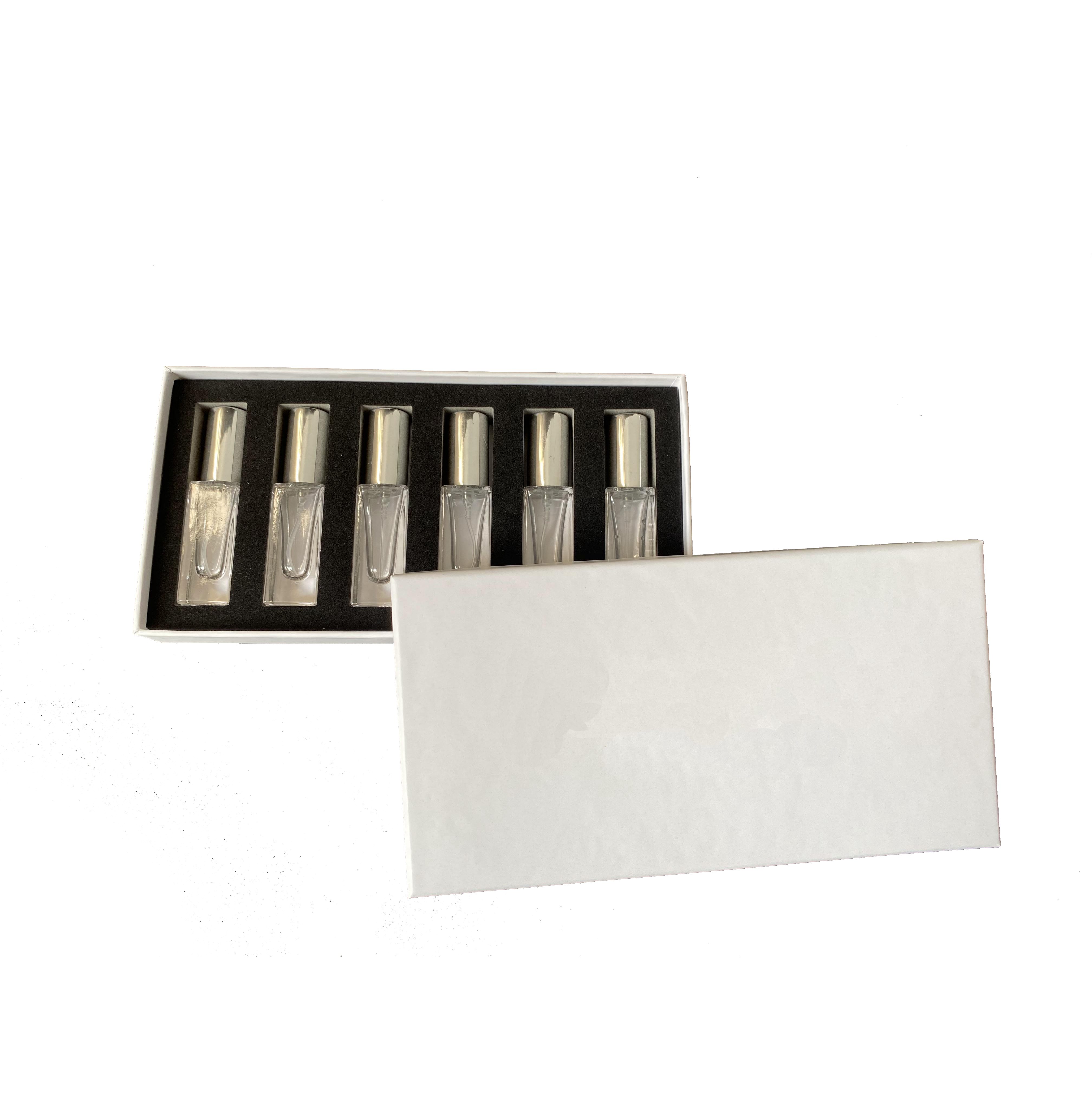 custom logo 6pcs/set 5ml rectangle clear glass spray perfume bottle with Cardboard Paper  Box