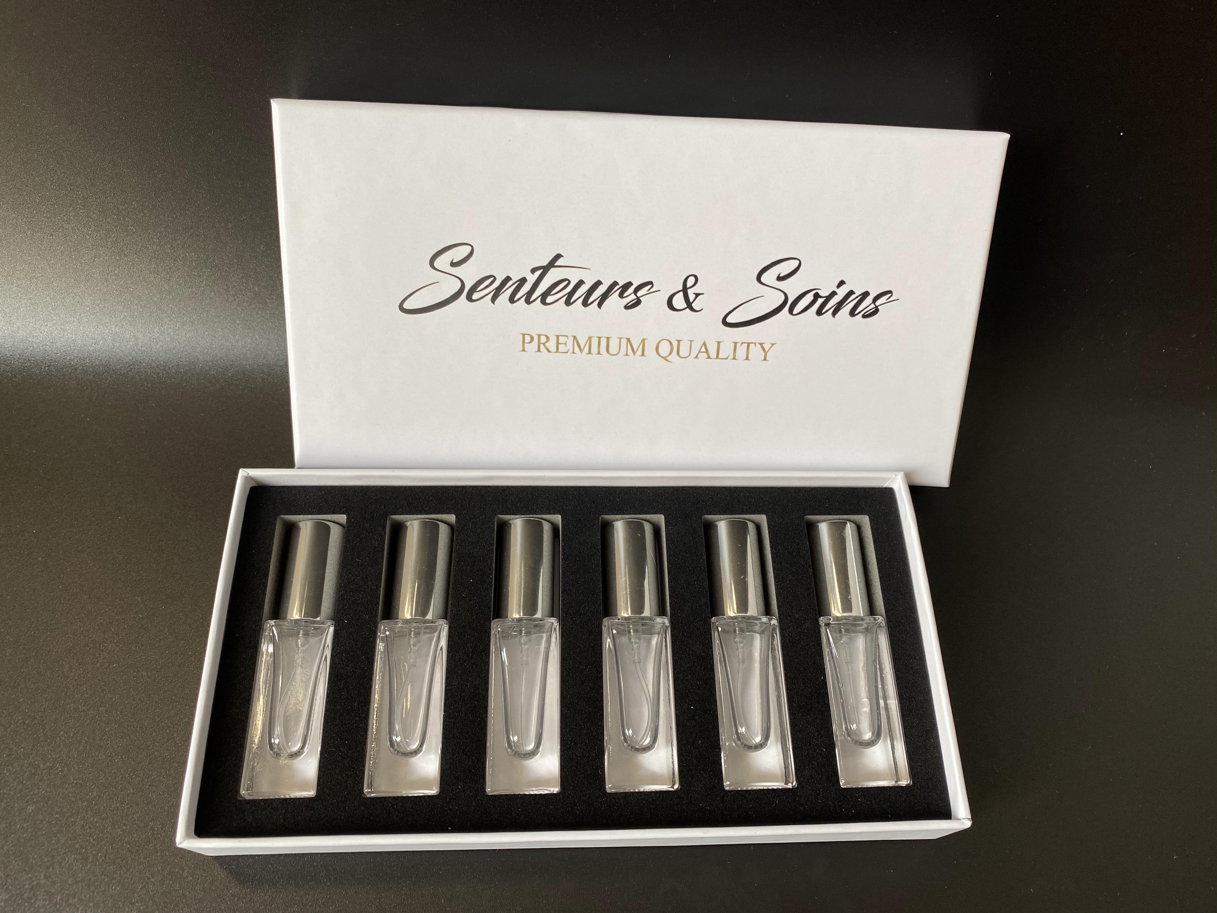 custom logo 6pcs/set 5ml rectangle clear glass spray perfume bottle with Cardboard Paper Box