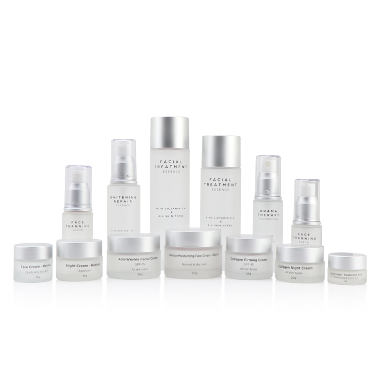 custom logo aluminum plastic cap frosted spray bottle serum chrome bottle general clear glass pump bottle