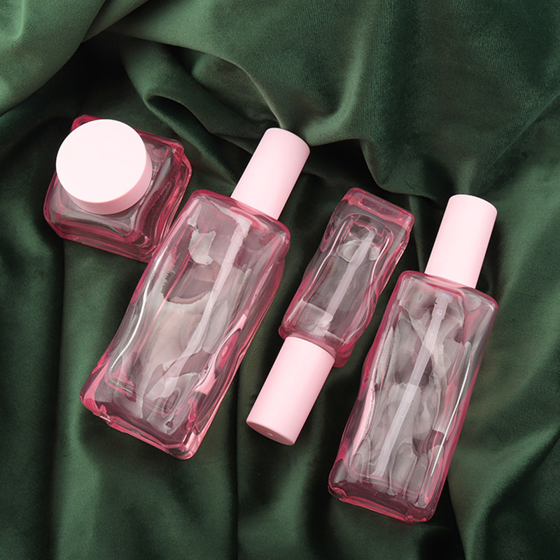 custom logo pink serum glass bottle face cream jar skincare set containers luxury cosmetic packaging