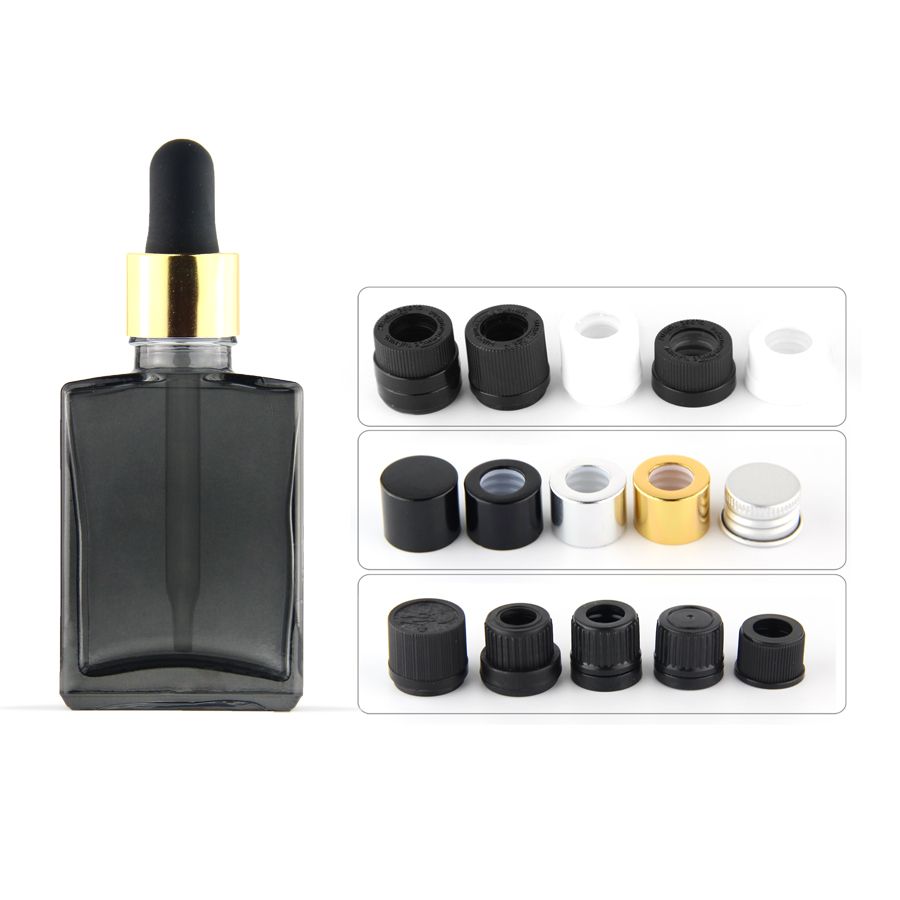 custom logo printing empty beard oil bottle transparent black rectangular glass bottle 30ml with european dropper