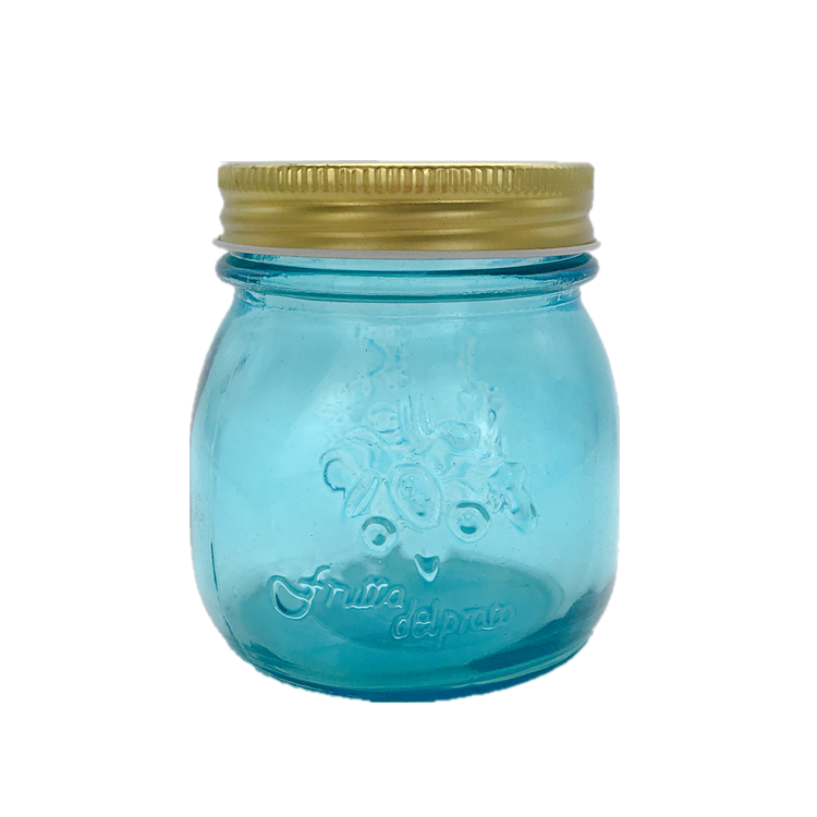custom made 10oz 300ml blue color embossed glass food jar with metal lid