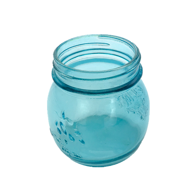 custom made 10oz 300ml blue color embossed glass food jar with metal lid