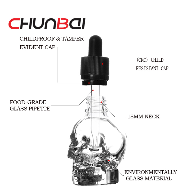 custom made clear skull 30ml glass dropper bottles with paper box for smoking oil
