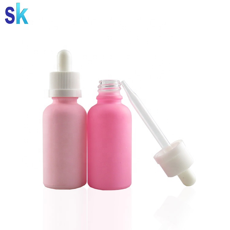custom printed coloured 1oz pink glass liquid bottle with glass dropper
