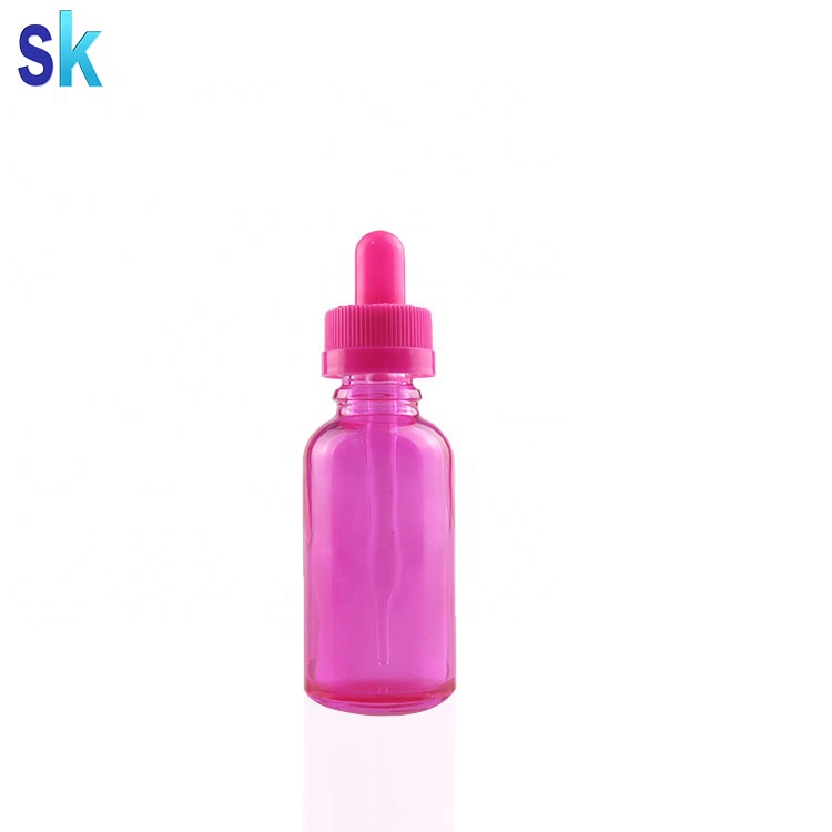 custom printed coloured 1oz pink glass liquid bottle with glass dropper